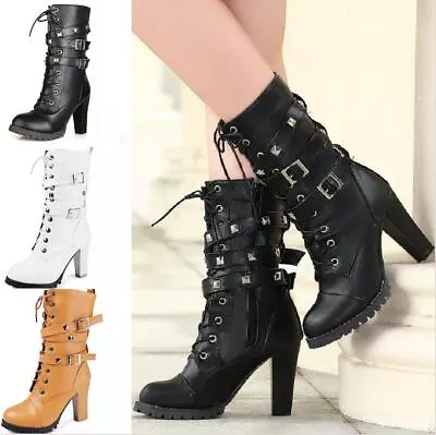 Women's Block Heel Buckle Rivet Lace Up Zipper Mid Calf Boots Gothic Shoes 34-48 • $51.82