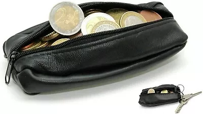 Unisex Soft Black Real Leather Pouch Coins Keys Money Holder Purse Zip Wallet UK • £3.79
