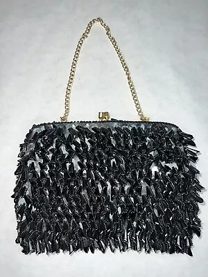 60’s VTG Black Beaded Cha Cha Clutch Chandelier Dangle Evening Purse • $29.99