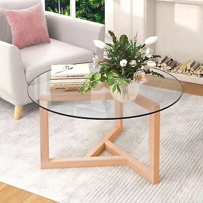 Round Glass Coffee Table Modern Cocktail  Sturdy Wood Base Tempered Glass Top • $199.42