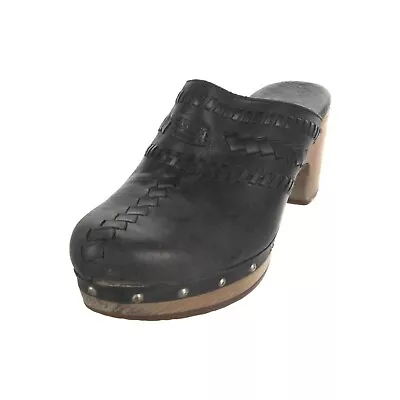 UGG Viveca Heeled Clog Whipstitch Leather Shearling Studded Shoe Mules Black 10 • $49.99