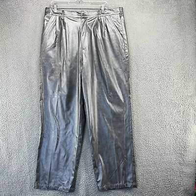 Vintage Leather Pants Men's 38 Silver Pleated Baggy Hip Hop Pockets Fits 37x32 • $58.83