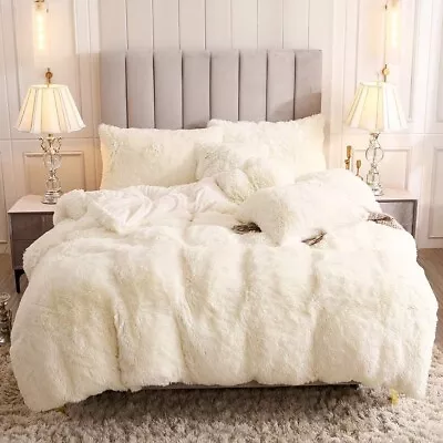 Faux Fur Velvet Fluffy Bedding Duvet Cover Set With Shams Cream Queen Size • $56.95