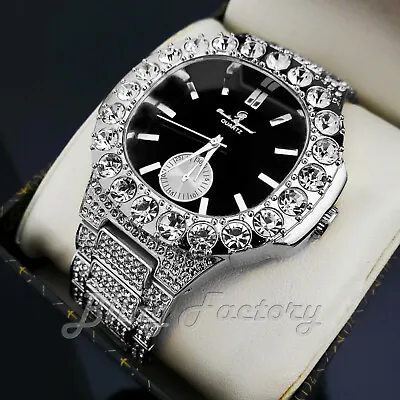 Men's Iced Luxury Black Dial Bling Silver Tone Big Lab Diamond Bracelet Watch • $27.99