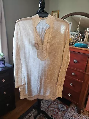 Michael Kors Tan Tunic Embroidered Lace Side Slits Cotton Large • $14.59