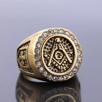 Gold Plated Vintage Zircon Diamonds Freemason Masonry Master Masonic Men Ring • $11.99