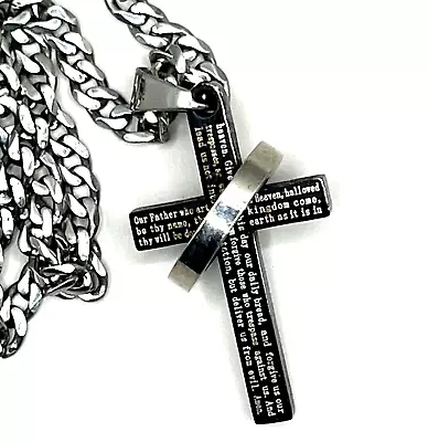 Men Women Stainless Steel Cross Ring Lord’s Prayer Pendant Necklace • $6.15