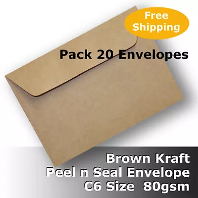 20 Kraft Brown ReCycled C6 Size Envelopes 80gsm Wallet Peel N Seal #S0171P #CDDG • $11.10