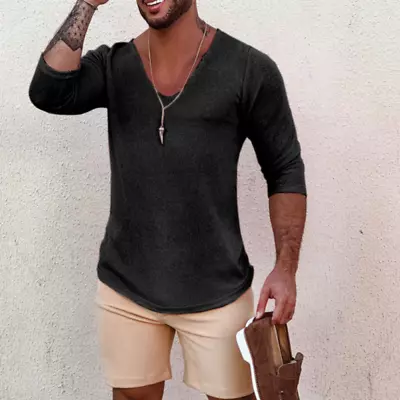 Men Short Sleeve Thin Style Loose Casual Deep V-neck Mid-Sleeve T-shirt Top • $17.10