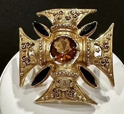 Vintage FLORENZA Maltese Cross Brooch Gold Plated 2-1/2” STUNNING! • $95