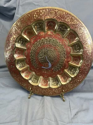 Vintage Brass Peacock Plate Metal Tray Enameled Etched Wall Hanging Decorative • $15