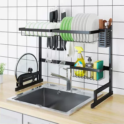 Over Sink Dish Drying Rack 2-Tier Stainless Steel Cutlery Drainer Organization • $40.96