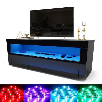Modern TV Unit Cabinet Stand Black High Gloss Door 120cm With LED Lights Drawers • £90.99