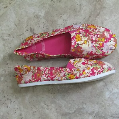 Miss Fiori Bright Pink Floral Fabric Pull On Ballet Pumps Uk 6 Summer Shoes • £5