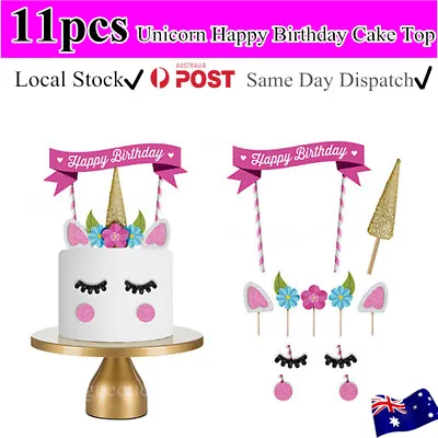 $5.95 • Buy HOT!! 11Pcs Unicorn Happy Birthday Cake Topper Set Eyes Ear Kids Girls Decoratio