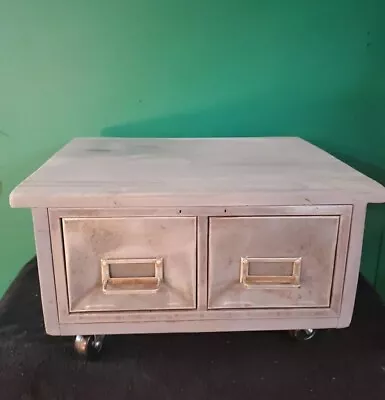 Vintage Metal Index Card / Wood 2 Drawer  Storage Cabinet  On Wheels • $150