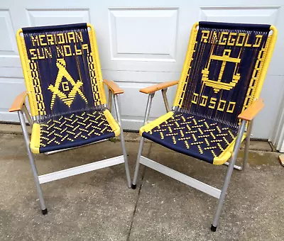 Great Matching Pair Of High Back Masonic? Naval? Lawn Chairs W/ Crochet Seats • $245