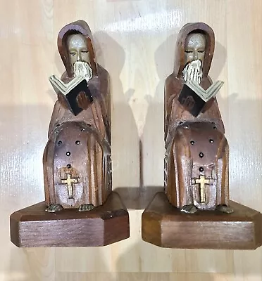 Pair Hand Carved Wood Monk Priest Friar Bookends Vintage Wooden Made In Mexico  • $22