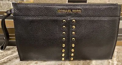 Stylish Michael Kors Astor Chain Black Leather Wrist Zip Clutch Bag Purse • $64.12