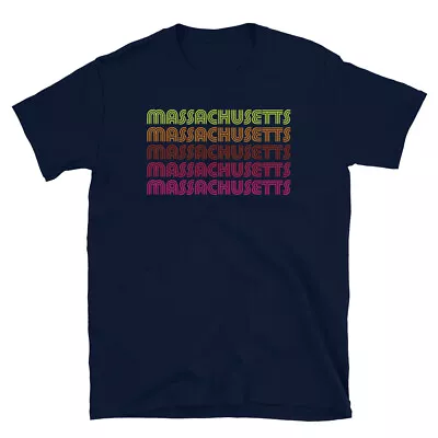 Retro State Of Massachusetts Inline Font Disco Neon Short-Sleeve Unisex T-Shirt • $19.99