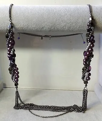  PH22 --*M&S* Gorgeous Long Multi-row Dark Purple Black Glass Beads Necklace • £8