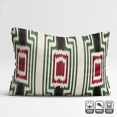 Original Ikat Handwoven 100% Cotton Throw Pillow With Green & Red & Ivory Colors • £26.40