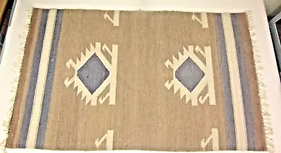 VTG Southwestern Wool Beige Blue Striped Saddle Blanket Textile Rug 40 X24  • $45