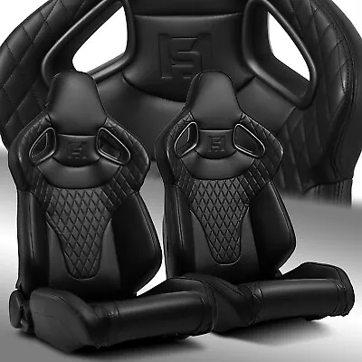 2x C-Series Black Stitching Reclinable PVC Sport Racing Seats Left/Right • $363.98