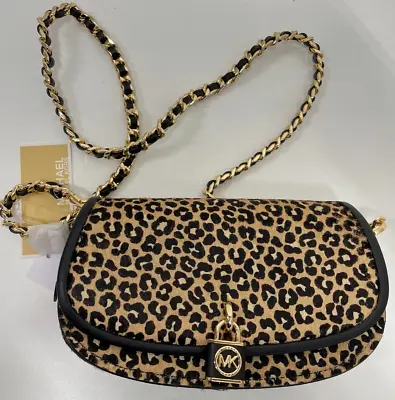 Michael Kors Mila Leopard Small East West Chain Sling Messenger Handbag Haircalf • $149.95