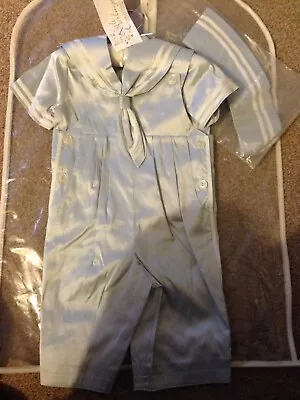 Boys Sailor Suit 3 Months Designer Little Darlings Silk Blue Dungarees Shirt Hat • £35