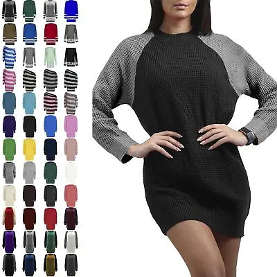 Ladies Womens Sweater Chunky Knitted Oversized Contrast Sleeve Jumper Top Dress • £8.49