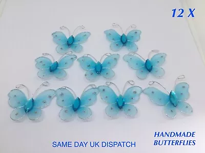 12 X Handmade Light Blue Sparkly Butterfly Embellishments Card Making Crafts • £3.49