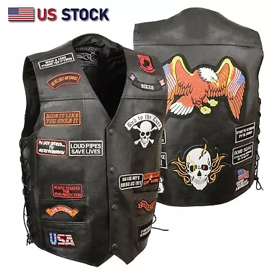 VEST LEATHER Biker Black Real Cow Motorcycle 23 Patches US Flag Eagle MC ELM3920 • $49.95