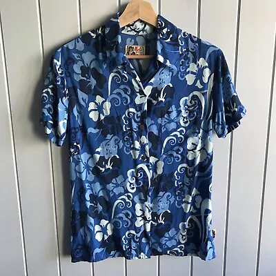 Vintage Mambo Goddess Loud Hawaiian Shirt Womens Size 8 Blue Floral Rayon Button • $119.99