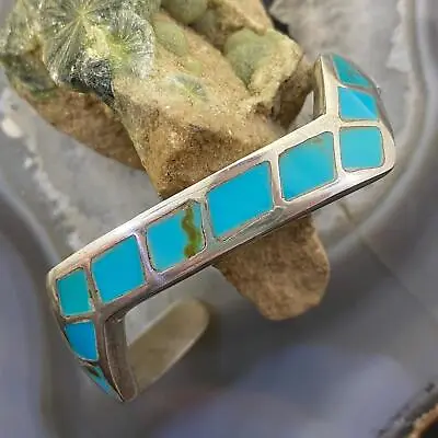 Vintage Native American Silver Turquoise Inlay Heavy Gauge Bracelet For Women • $225