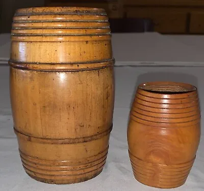 2 Vtg TREENWARE Wooden BARREL Trinket Box SPICE JARS Hand Turned Lathe RIBBED • $35.74