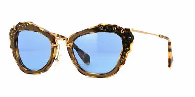 NEW Miu Miu MU04QS DHF0A2 Cat Eye Women's Sunglasses Brown Light Havana / Blue • $101.95