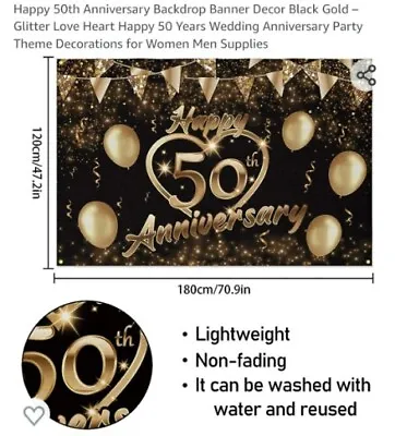 Happy 50th Anniversary Backdrop Banner Decor Black Gold–Glitter Love Heart...A-1 • $10