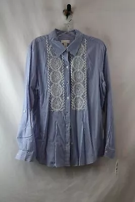 NWT Charter Club Women's Blue Pinstripe Lace Embellished Button Up Shirt Sz L • $9.99