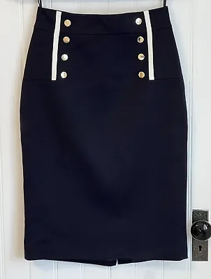 Karen Millen Dark Navy Blue Sailor Midi Pencil Skirt Back Slit US 6 UK 10 • £47.50