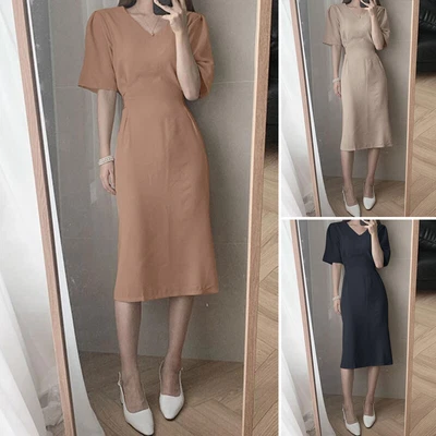 $29.32 • Buy Summer Womens Short Sleeve V Neck Plain Casual Holiday Party Ladies Long Dresses