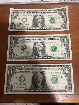 $1 One Dollar Bill US 5 Of A Kind 2009 Three One Dollar Bills In Sequence Fancy • $15