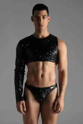 MODUS VIVENDI Mens Designer One Sleeve Crop Top In Sparkly Black Sequins • £89.50