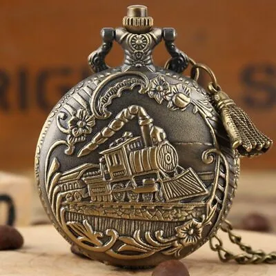 Antique Locomotive Train Unisex Quartz Pocket Watch With Tassels Necklace Chain • $4.59