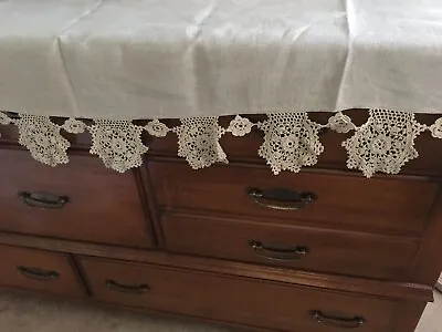 Vintage Handmade Linen Dresser/mantle Scarf With Lace Oatmeal Color 21x72  • $19.99