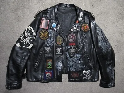 Vtg 90s METAL/PUNK Leather Battle JACKET XXL Painted Misfits Slayer Horror Patch • $300