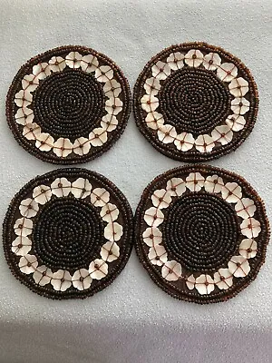 $12.99 • Buy Set Of 4 Vintage Round Brown Beaded With Abalone Shell Drink Coasters 