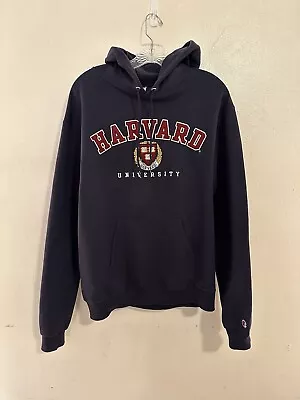 Vintage Champion Eco Fleece Harvard Navy Hoodie Embroidered Logo Mens Sz Medium • $5.99