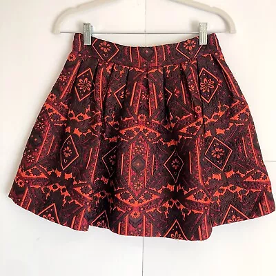 Alice + Olivia Stora Pleated Tribal-Print Mini Skirt Red/Orange Size 2 ($368) • $95