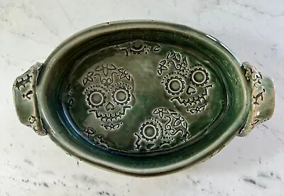 Vintage Green Rustic Stoneware Pottery Planter Bowl Mexican Art Skull Handmade • $21